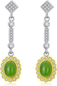 wholesale 925 Sterling Silver Green Jade and White Cubic Zirconia Bohemian Dangle Earrings Handcrafted Jewelry for Women-Jade