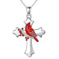 wholesale 925 Sterling Silver Red Cardinal Bird Cross Pendant Necklace For Women-Cardinal