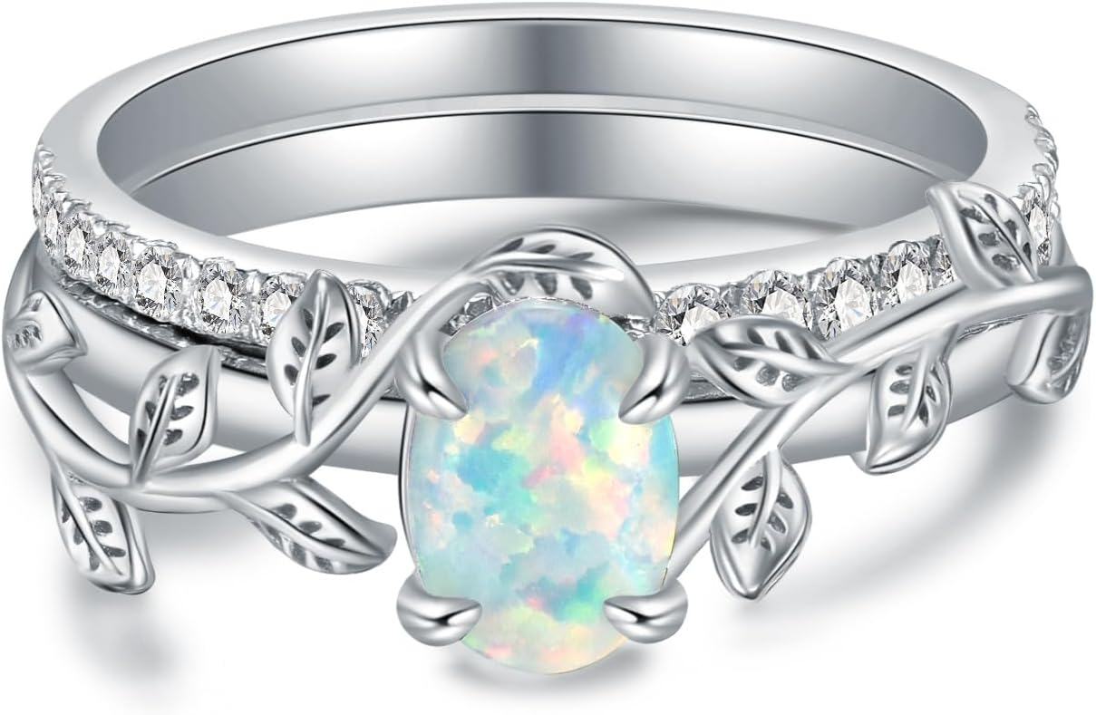 Sterling Silver Opal 1ct Leaf Oval Ring w CZ for Women Valentine s Day Gift-0-0