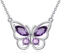 wholesale Sterling Silver Amethyst Butterfly Necklace for Women Crystal Pendant Gift-February Birthstone