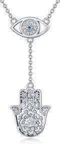 wholesale 925 Sterling Silver Metal Evil Eye Hamsa Hand Necklace with Blue Crystal and Flower Design-0-0