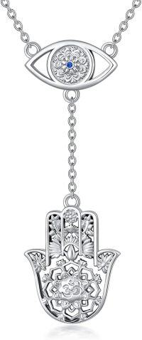 wholesale 925 Sterling Silver Metal Evil Eye Hamsa Hand Necklace with Blue Crystal and Flower Design-Evil Eye Hamsa