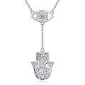 wholesale 925 Sterling Silver Metal Evil Eye Hamsa Hand Necklace with Blue Crystal and Flower Design-0-0