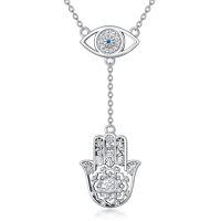 wholesale 925 Sterling Silver Metal Evil Eye Hamsa Hand Necklace with Blue Crystal and Flower Design-Evil Eye Hamsa