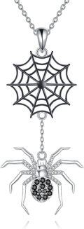 wholesale 925 Sterling Silver Black Spinel Spider Web Pendant Necklace for Women Girls Gothic Halloween Gifts 48cm Chain Length-0-0