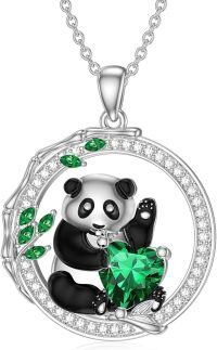 wholesale 925 Sterling Silver Green Crystal Panda Love Heart Pendant Necklace for Women-Panda