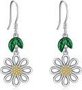 wholesale 925 Sterling Silver Daisy Drop Earrings with Green Leaves and Gold Center Floral s for Women Girls-0-0