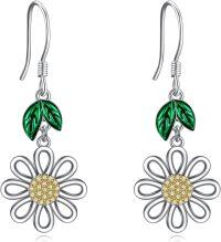 wholesale 925 Sterling Silver Daisy Drop Earrings with Green Leaves and Gold Center Floral s for Women Girls-daisy