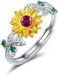wholesale S925 Sterling Silver Gold Plated 1CT Natural Ruby Sunflower Ring Adjustable Love Gift for Women Wife Girlfriend Mom Daughter Birthday Valentine-0-0