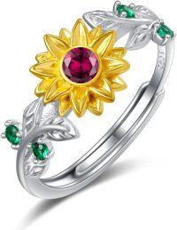 wholesale S925 Sterling Silver Gold Plated 1CT Natural Ruby Sunflower Ring Adjustable Love Gift for Women Wife Girlfriend Mom Daughter Birthday Valentine-07 Jul - Ruby