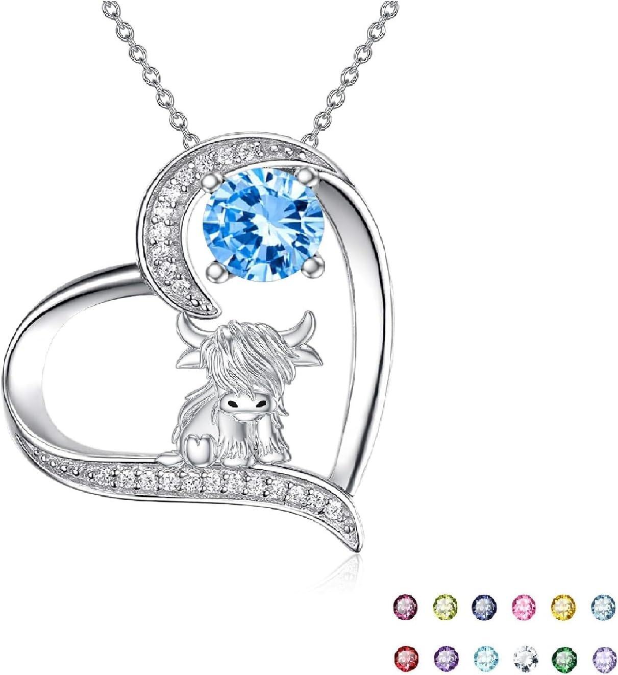 Sterling Silver Highland Cow Birthstone Necklace Jewelry Gifts for Women Girls-1-13-Personalized Birthstone & Name-1-13-Personalized Birthstone & Name-1-12-December-1-12-December