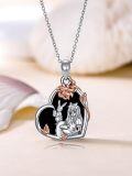 wholesale 925 Sterling Silver Heart-Shaped Alice in Wonderland Rabbit and Girl Pendant Necklace with Rose Gold Leaves & Black Enamel Background - Gifts for Women-0-3