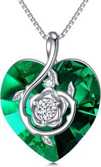 wholesale Sterling Silver Birthstone Heart Rose Pendant Necklace for Women-5-May-Emerald