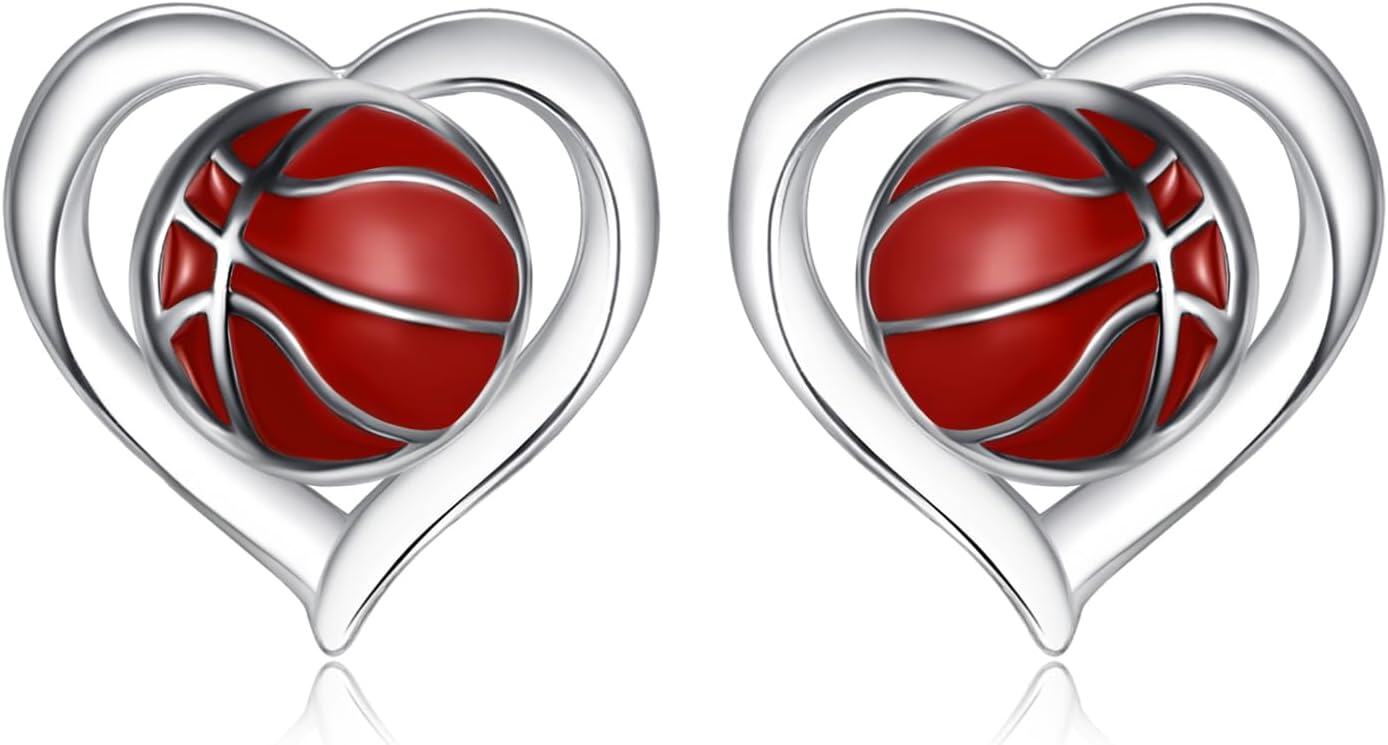  Sterling Silver Heart Stud Sports Game Earrings Jewelry Gifts for Women -Basketball