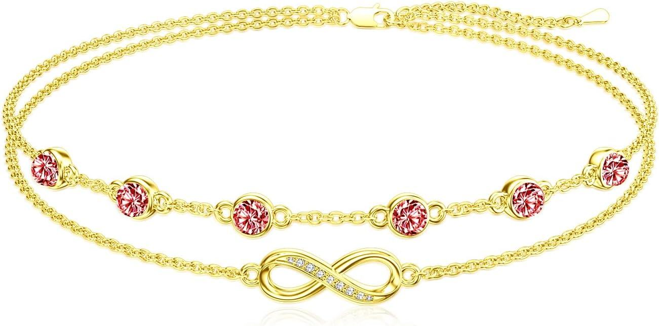 Sterling Silver Birthstone Women s Anklet Bracelets Infinity Butterfly Evil Eye Turtle Pineapple Starfish Heart-Bracelet 7"-9"-Infinity 01-Garnet-Yellow Gold