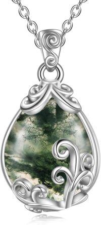 wholesale Rhodium Plated 925 Sterling Silver Moss Agate Bohemian Necklace with Filigree, Adjustable Chain, Gift Box-Moss Agate