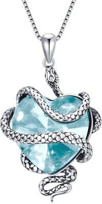 wholesale 925 Sterling Silver Heart Crystal Snake Necklace Birthstone Jewelry Gift for Women Wife Mom-aquamarine