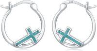 wholesale 925 Sterling Silver Turquoise Stone Inlaid Cross Huggie Hoop Earrings for Women and Girls-Turquoise-A
