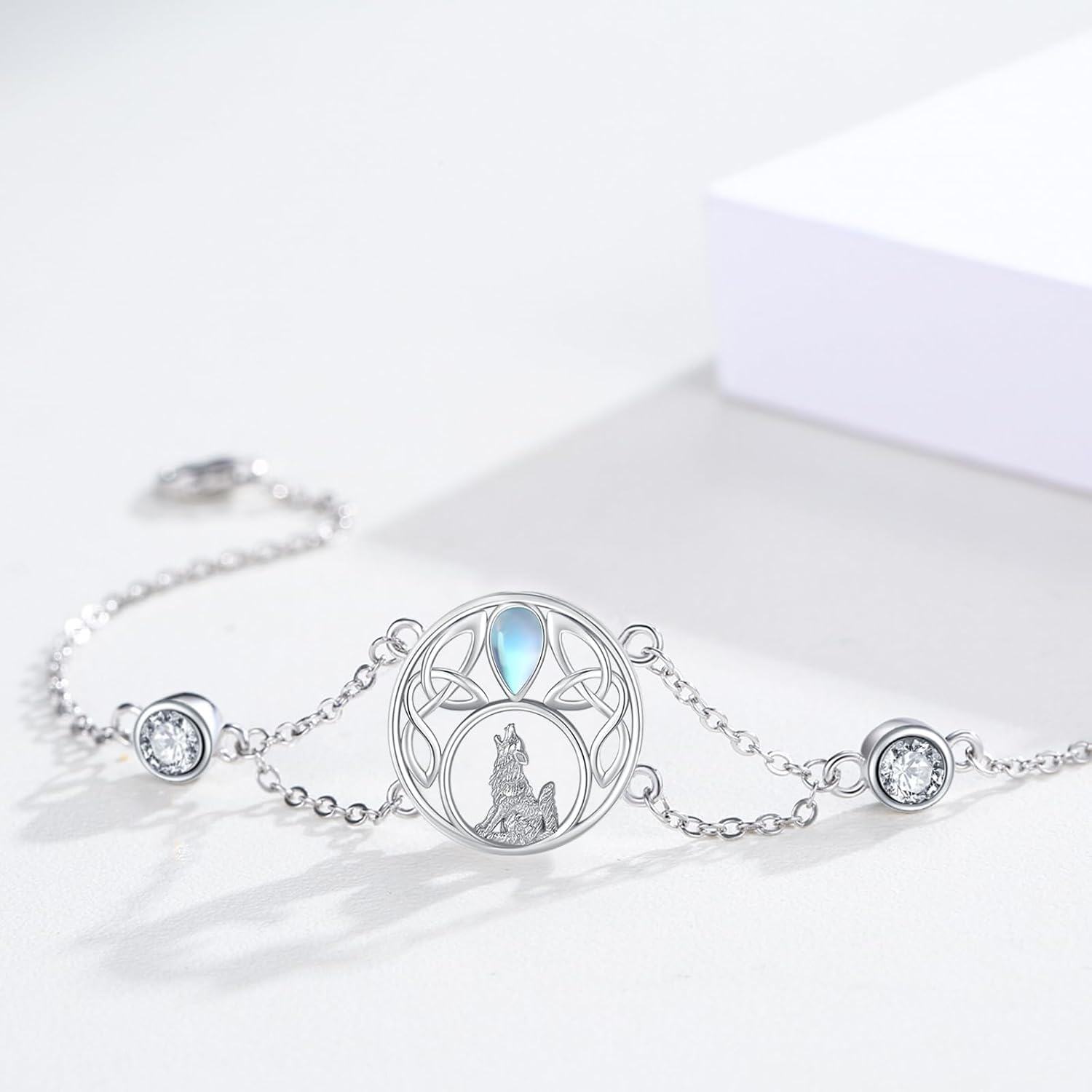 wholesale 925 Sterling Silver Moonstone Wolf Adjustable Howling Bracelet for Women-0-1
