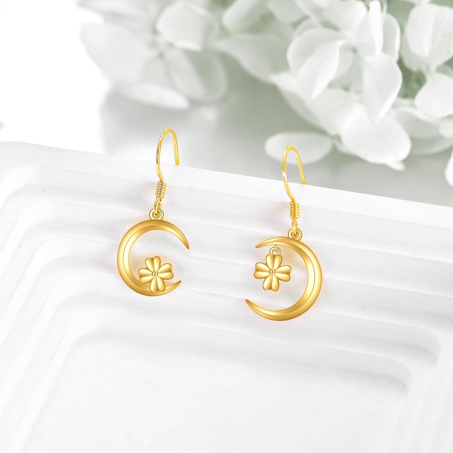 wholesale 14K Gold Crescent Moon & Flower Filigree Heart Dangle Drop Leverback Earrings for Women - Christmas Gift Ideas-0-4