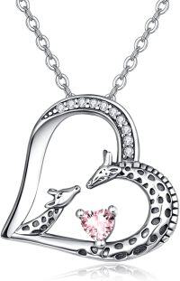 wholesale Sterling Silver Giraffe Birthstone Heart Pendant Necklace-10-Oct-Lab Created Pink Tourmaline