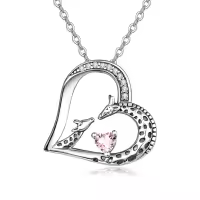wholesale 925 Sterling Silver Giraffe Birthstone Heart Pendant Necklace-10-Oct-Lab Created Pink Tourmaline