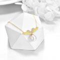 wholesale  14K Yellow Gold Angel Wing Pendant Necklace with Freshwater Pearls 16+1 Adjustable Chain for Women-0-2