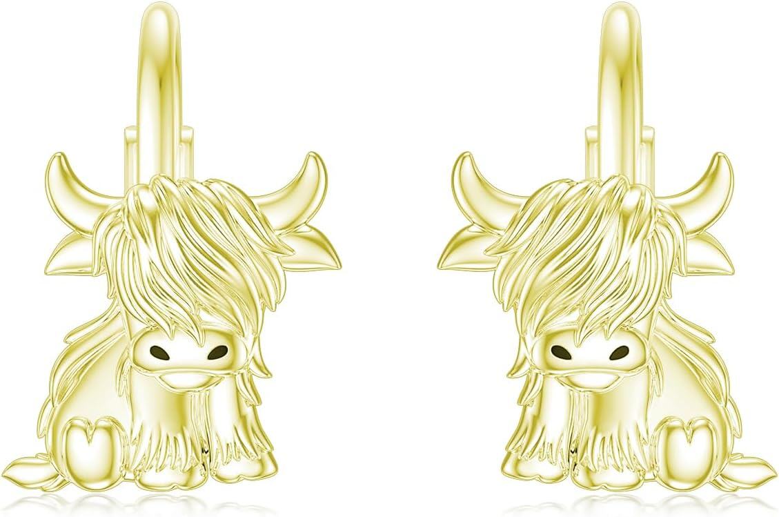 wholesale 925 Sterling Silver Highland Cow Sunflower Dangle Stud Leverback Hoop Earrings-3-1