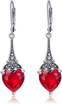 wholesale Sterling Silver 10mm Heart Crystal Leverback Vintage Drop Dangle Earrings-Red