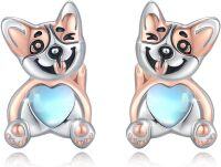 wholesale 925 Sterling Silver Moonstone Heart Shaped Puppy Stud Earrings for Women - Cute Animal s-Corgi Earrings