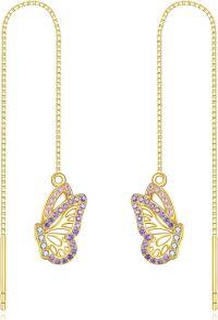 wholesale 14K Gold Butterfly Threader Earrings with Purple and White CZ Stones-Butterfly
