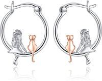 wholesale 925 Sterling Silver Cat and Girl Hoop Earrings s for Women-cat and women