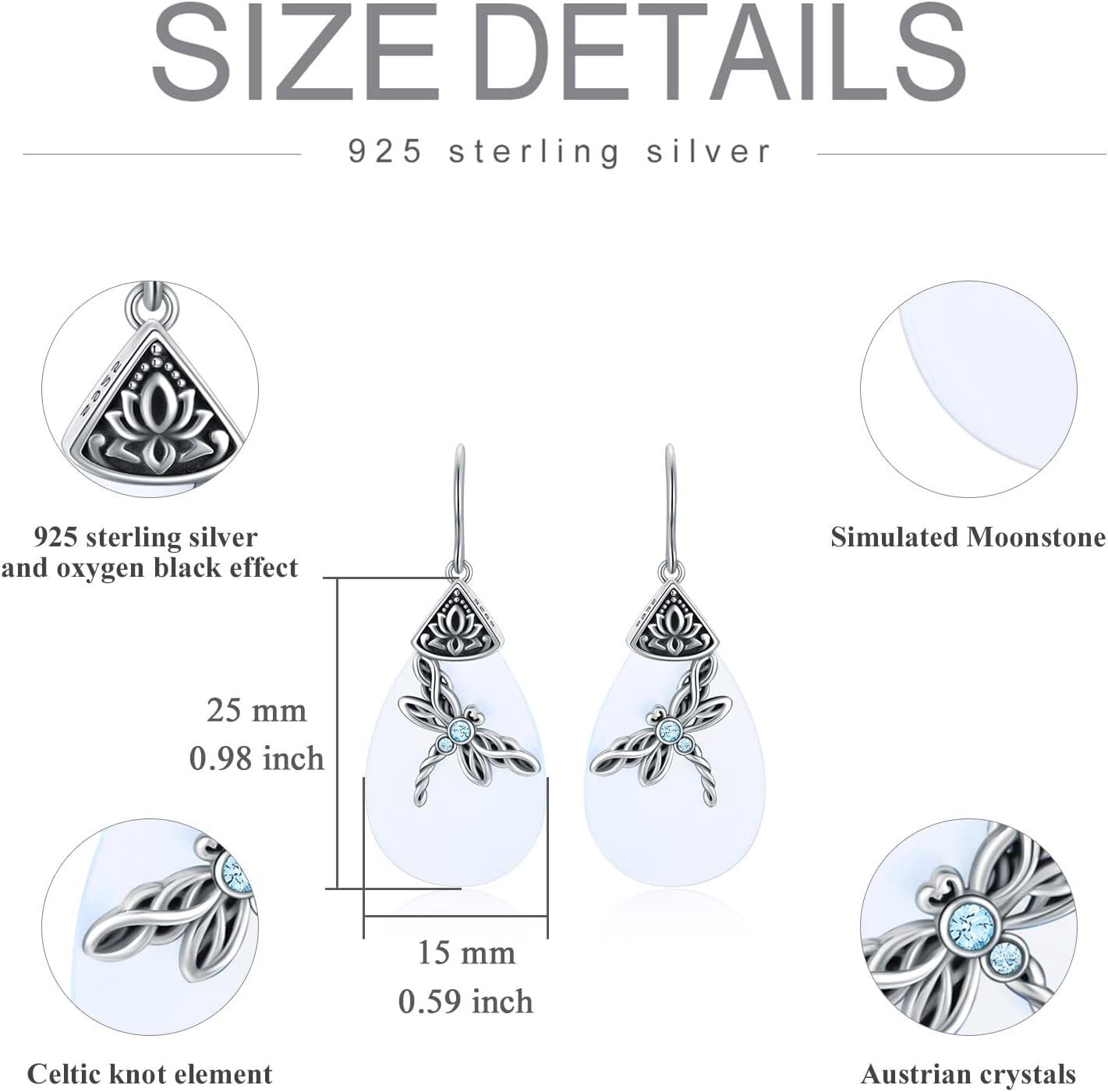 925 Sterling Silver Teardrop Lotus Flower & Blue Crystal Dragonfly Dangle Earrings Celtic  for Women Her Wife Mom-0-3