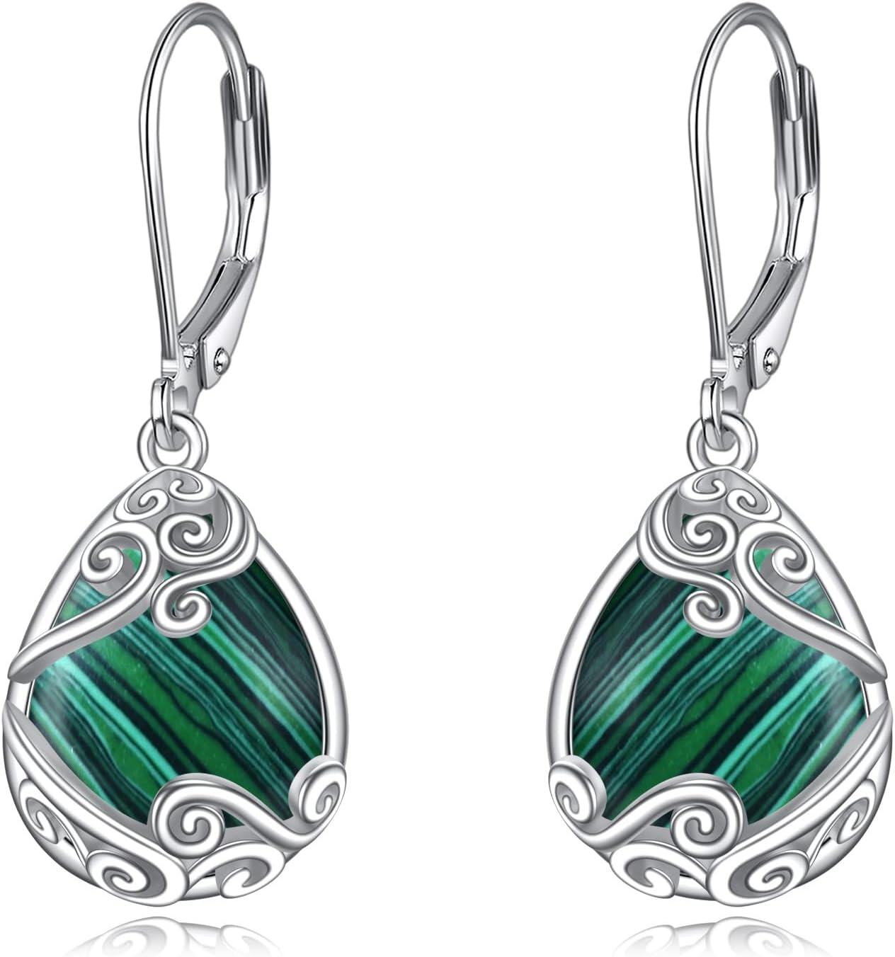 925 Sterling Silver Malachite Leverback Teardrop Dangle Earrings for Women-0-0