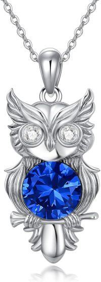 wholesale 925 Sterling Silver Moonstone Owl Lab Grown Cubic Zirconia Birthstone Necklace Pendant for Women-Sapphire Blue