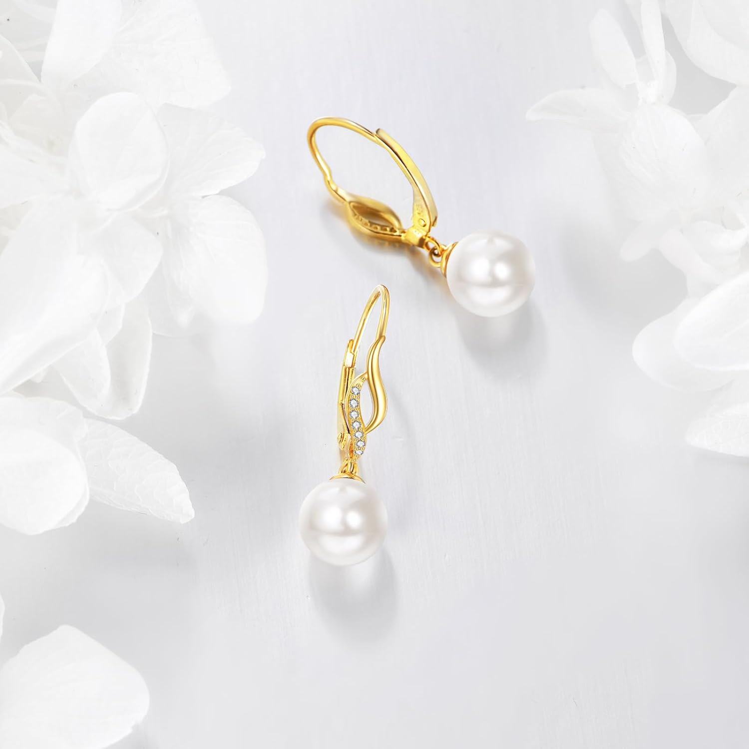 14K Gold Pearl Leverback Drop Earrings for Women Bridesmaid Gifts-0-2