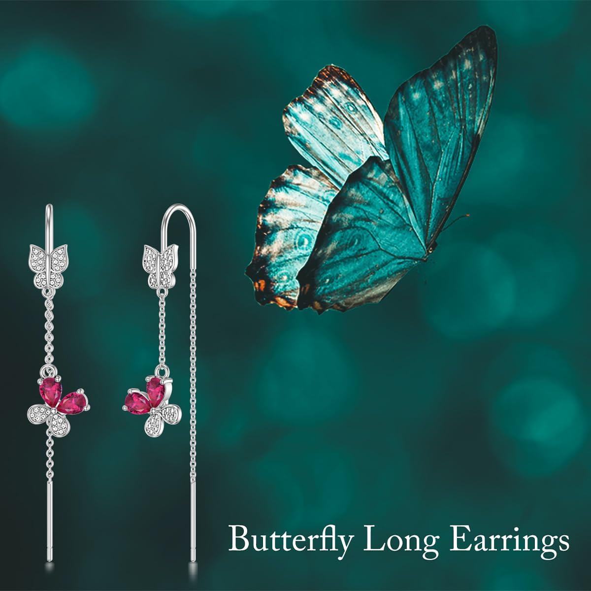 925 Sterling Silver 12 Birthstone Butterfly Threader Drop Earrings-0-5