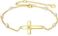 wholesale 14K Gold Filled Pearl Cross Chain Link Bracelet for Women - Adjustable Religious s-Cross Bracelet with pearl