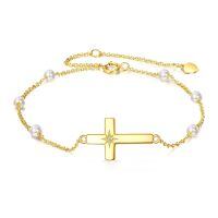 wholesale 14K Gold Filled Pearl Cross Chain Link Bracelet for Women - Adjustable Religious s-Cross Bracelet with pearl