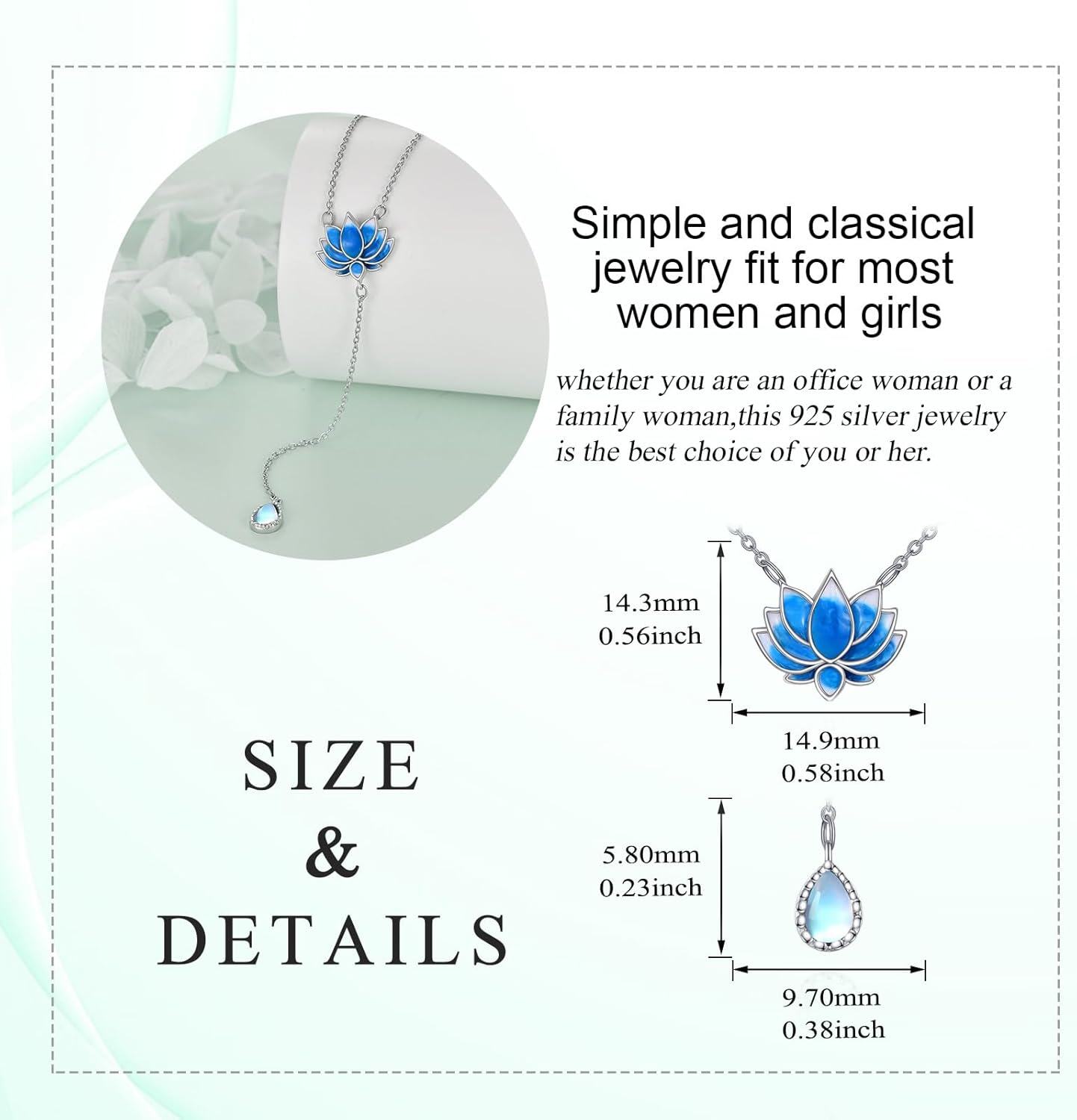 925 Sterling Silver Blue Moonstone Lotus Pendant Chain Necklace s for Her-0-4