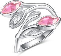 wholesale Sterling Silver Leaf Ring with Birthstone Adjustable Wrap Promise Engagement Wedding Rings for Women-Pink Tourmaline