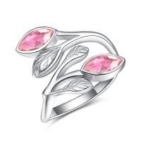 wholesale 925 Sterling Silver Leaf Ring with Birthstone Adjustable Wrap Promise Engagement Wedding Rings for Women-Pink Tourmaline