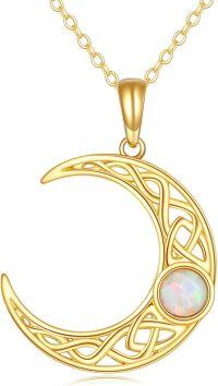 wholesale 14K Gold Opal Crescent Moon Pendant Necklace for Women - Celtic Style Chain-Opal Moon Necklace 17mm Yellow Gold