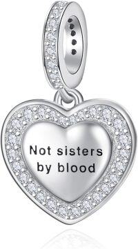 wholesale 925 Sterling Silver Heart Charm Pendant with Cubic Zirconia and Engraved Message Not sisters by blood - DIY  for Women-04-biological sister charm