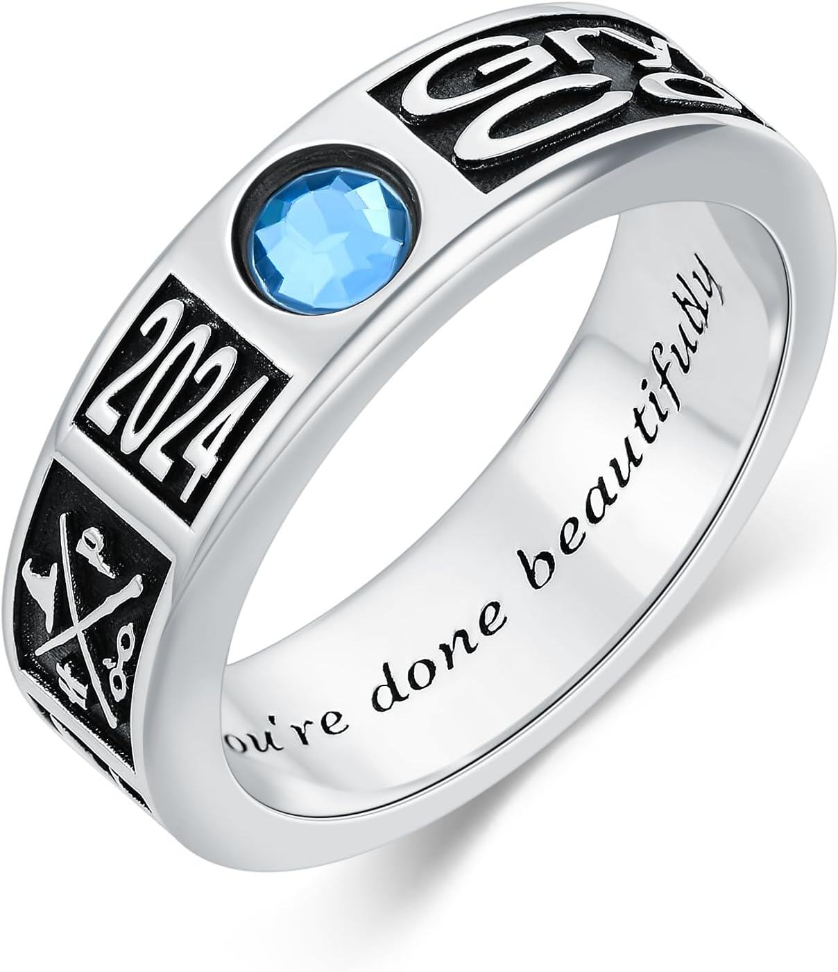 Sterling Silver 0 1 2 3 Gem Men s Graduation Class Ring 4 5 6 7 9 5mm-Width 7mm-1 Round 4.75mm-One Pattern # 3