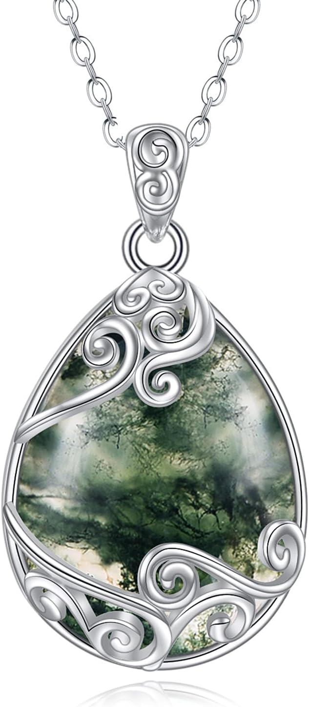 Sterling Silver Moonstone Filigree Teardrop Pendant Necklace for Women-O-Moss Agate Filigree Necklace