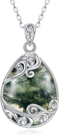 wholesale Sterling Silver Moonstone Filigree Teardrop Pendant Necklace for Women-O-Moss Agate Filigree Necklace