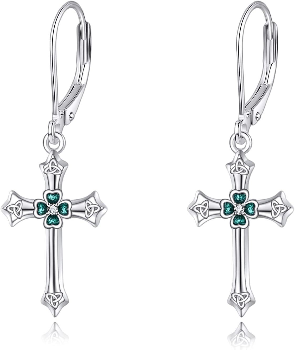 Sterling Silver Celtic Cross Drop Dangle Earrings Irish Fashion Jewelry Gift for Women-Shamrock