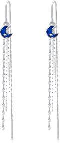 wholesale 925 Sterling Silver Blue Glitter Crescent Moon & Stars Threader Drop Dangle Earrings w/ Tassels for Girls and Women-0-0