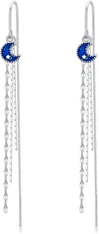 wholesale 925 Sterling Silver Blue Glitter Crescent Moon & Stars Threader Drop Dangle Earrings w/ Tassels for Girls and Women-Moon Night